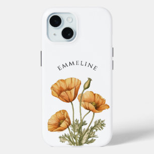 Whimsical gepersonaliseerde gouden klaprozen iPhone 15 case