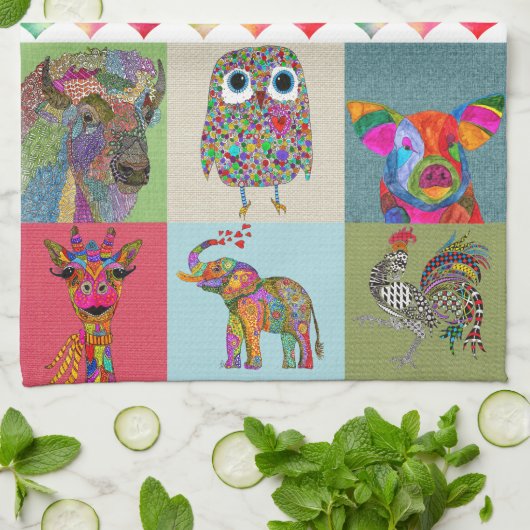 Whimsical geschilderd dier assortiment keukenhandd theedoek (Gevouwen)
