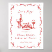 Whimsical getrokken pizza wijn repetitie diner tek poster (Voorkant)