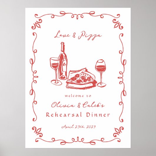 Whimsical getrokken pizza wijn repetitie diner tek poster (Voorkant)