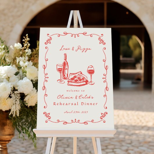 Whimsical getrokken pizza wijn repetitie diner tek poster