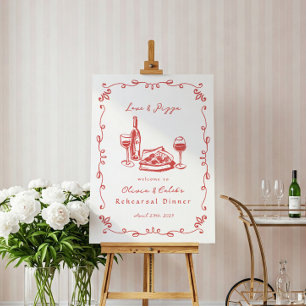 Whimsical getrokken pizza wijn repetitie diner tek poster