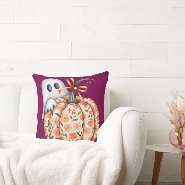 Whimsical Ghost and Floral Pumpkin Peek Halloween Kussen (Bank)