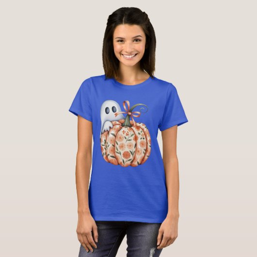Whimsical Ghost and Floral Pumpkin Peek Halloween T-shirt (Voorkant volledig)