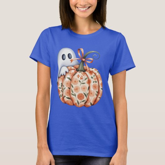 Whimsical Ghost and Floral Pumpkin Peek Halloween T-shirt (Voorkant)