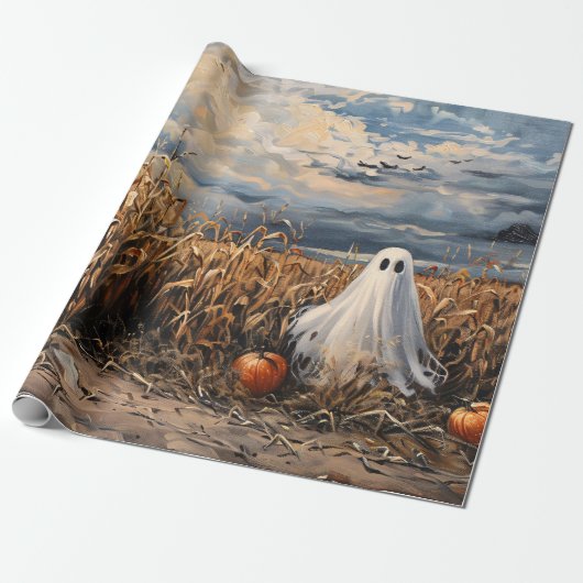 Whimsical Ghost Corn Field Pompoenen Decoupage Cadeaupapier (Uitgerold)