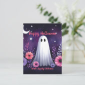 Whimsical Ghost en Floral Spooky Roze Paarse Briefkaart (Staand voorkant)