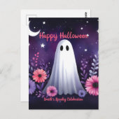 Whimsical Ghost en Floral Spooky Roze Paarse Briefkaart (Voorkant / Achterkant)