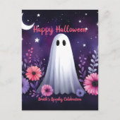Whimsical Ghost en Floral Spooky Roze Paarse Briefkaart (Voorkant)