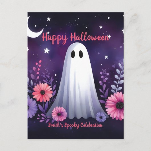 Whimsical Ghost en Floral Spooky Roze Paarse Briefkaart (Voorkant)