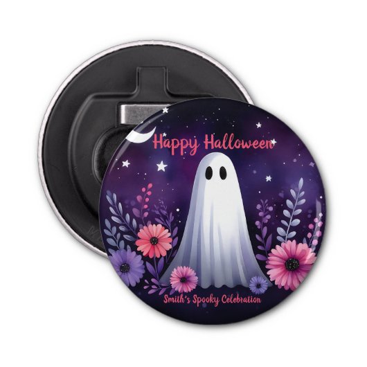 Whimsical Ghost en Floral Spooky Roze Paarse Button Flesopener (Voorkant)