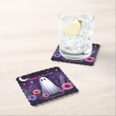 Whimsical Ghost en Floral Spooky Roze Paarse Kartonnen Onderzetters (Insitu)