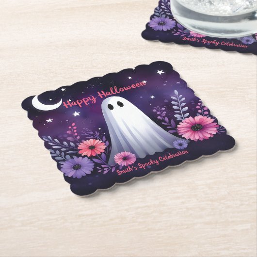 Whimsical Ghost en Floral Spooky Roze Paarse Kartonnen Onderzetters (Gebogen)