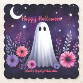 Whimsical Ghost en Floral Spooky Roze Paarse Kartonnen Onderzetters (Voorkant)