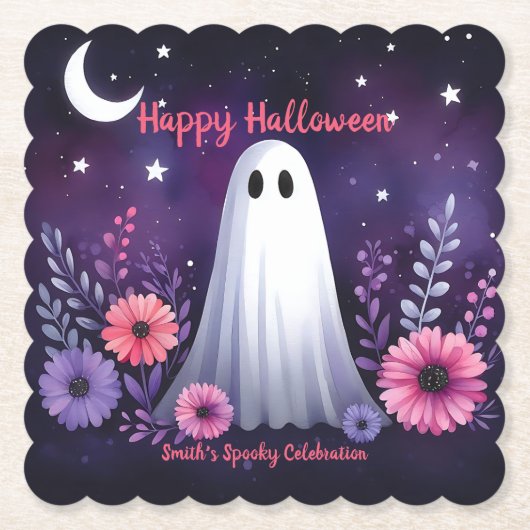 Whimsical Ghost en Floral Spooky Roze Paarse Kartonnen Onderzetters (Voorkant)