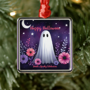 Whimsical Ghost en Floral Spooky Roze Paarse Metalen Ornament