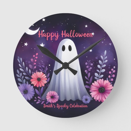 Whimsical Ghost en Floral Spooky Roze Paarse Ronde Klok (Voorkant)