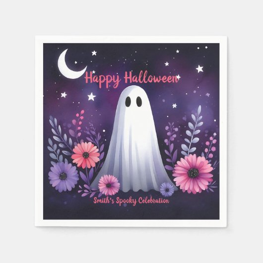Whimsical Ghost en Floral Spooky Roze Paarse Servet (Voorkant)