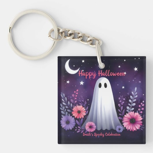 Whimsical Ghost en Floral Spooky Roze Paarse Sleutelhanger (voorkant)