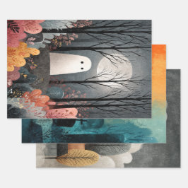 Whimsical Ghost Illustration Spooky Schattige Hall Inpakpapier Vel