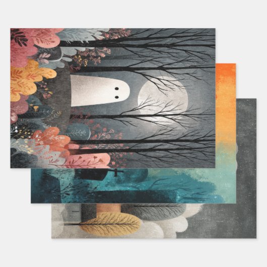 Whimsical Ghost Illustration Spooky Schattige Hall Inpakpapier Vel (Set)
