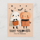 Whimsical Ghost & Pumpkin Schattigee Waterverf Hal Briefkaart (Voorkant)
