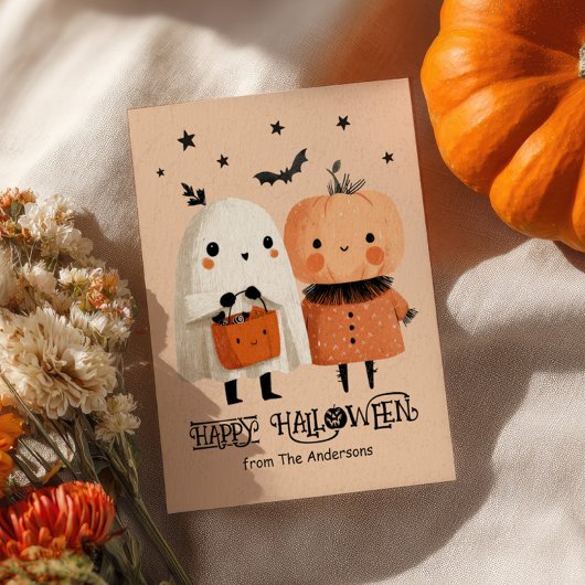 Whimsical Ghost & Pumpkin Schattigee Waterverf Hal Briefkaart