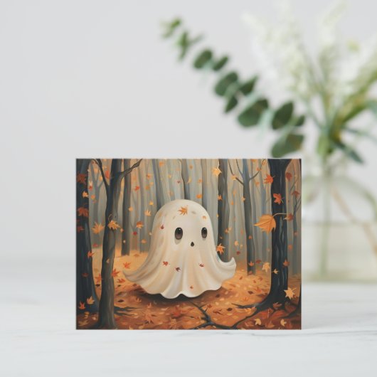 Whimsical Ghost Schattigee Herfst Briefkaart (Staand voorkant)