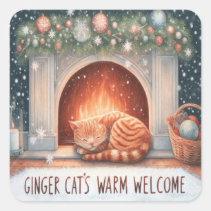 Whimsical Ginger Cat's Warm Welkom Kerstmis Vierkante Sticker