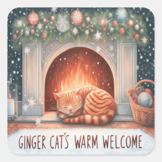 Whimsical Ginger Cat's Warm Welkom Kerstmis Vierkante Sticker (Voorkant)