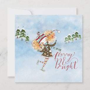 Whimsical Ginger Hair Ice Skater Holiday Flat Kaar Feestdagenkaart
