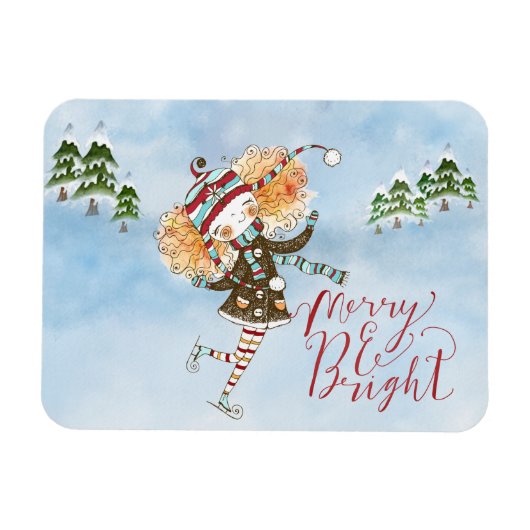 Whimsical Ginger Hair Ice Skater Holiday Magneet (Horizontaal)