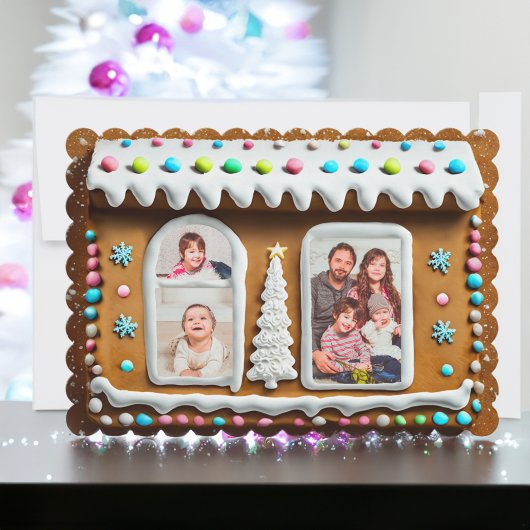 Whimsical Gingerbread House Familiefoto Kerstmis Feestdagenkaart