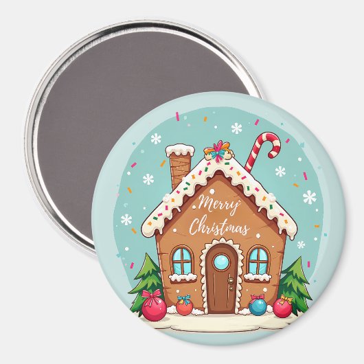 Whimsical Gingerbread House Kerstscene Magneet (Voorkant / Achterkant)