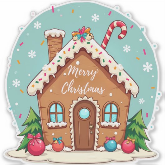 Whimsical Gingerbread House Kerstscene Sticker (Voorkant)