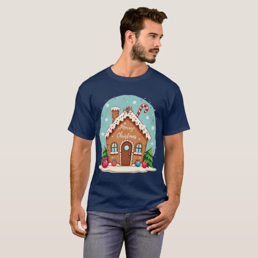 Whimsical Gingerbread House Kerstscene T-shirt (Voorkant volledig)