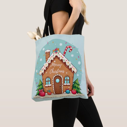 Whimsical Gingerbread House Kerstscene Tote Bag (Dichtbij)