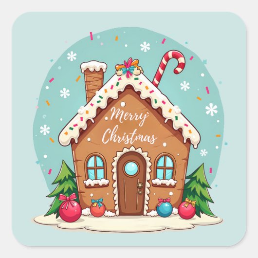 Whimsical Gingerbread House Kerstscene Vierkante Sticker (Voorkant)
