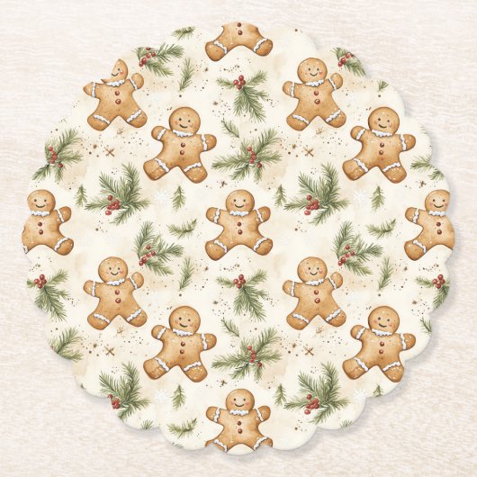 Whimsical Gingerbread & Pine Kerstpatroon Kartonnen Onderzetters (Voorkant)