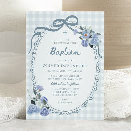 Whimsical Gingham Dusty Blue Floral Boy Baptism Kaart