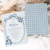 Whimsical Gingham Dusty Blue Floral Boy Baptism Kaart