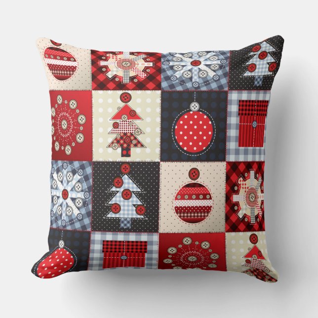 Whimsical Gingham kerstpatchwork Quil Kussen (Voorkant)