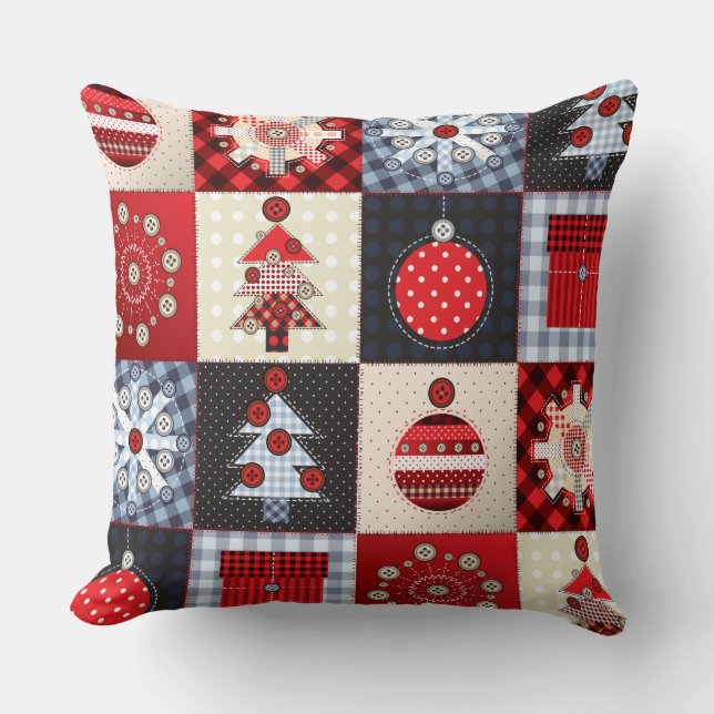 Whimsical Gingham kerstpatchwork Quilt Kussen (Voorkant)