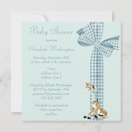 Whimsical Giraffe Blue Baby Shower Kaart (Achterkant)