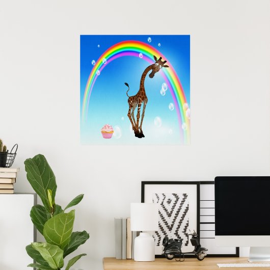 Whimsical Giraffe, Cupcake & Rainbow Poster (Thuiskantoor)