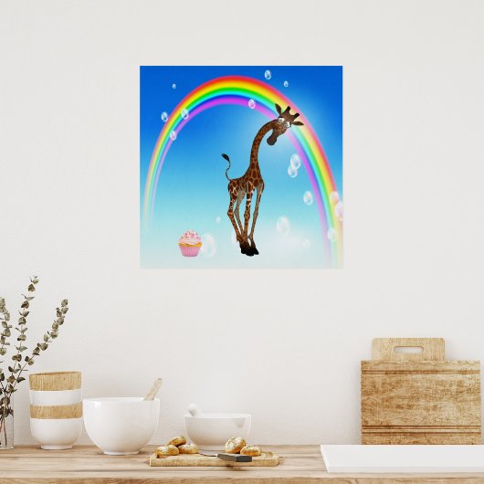Whimsical Giraffe, Cupcake & Rainbow Poster (Keuken)