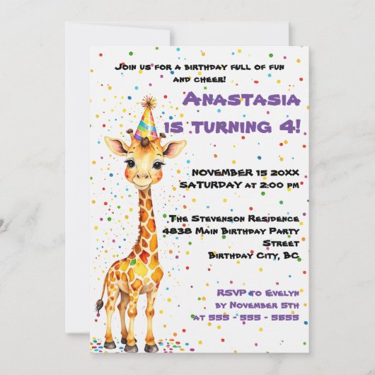 Whimsical Giraffe met kleurrijke Confetti Verjaard Kaart (Voorkant)