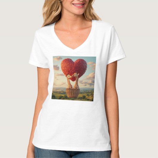 Whimsical Giraffe Paar Hete Luchtballon T-shirt - (Voorkant)