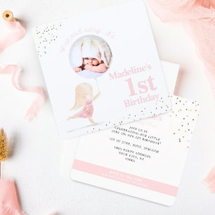 Whimsical Girl 1st Birthday Blush Pink Gold Foto Kaart