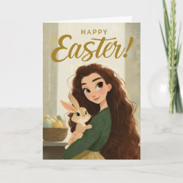 Whimsical Girl and Baby Bunny Easter Greeting Kaart